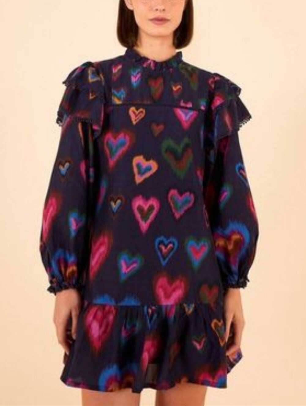 Farm Rio Ikat Dyed Heart Mini Ling Sleeve Dress Size Medium